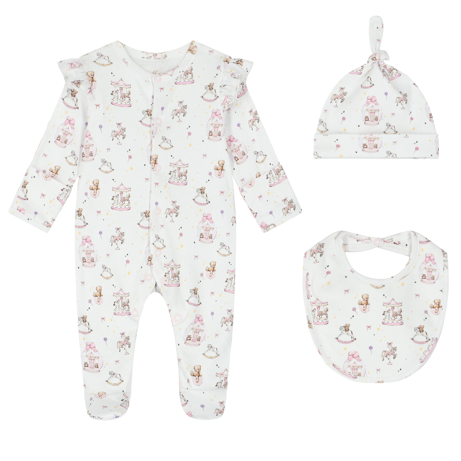 Baby Girls White & Pink Carousel Babygrow Set, 1, hi-res